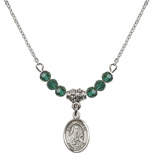 Sterling Silver Saint Therese of Lisieux Birthstone Necklace with Emerald Beads - 9210
