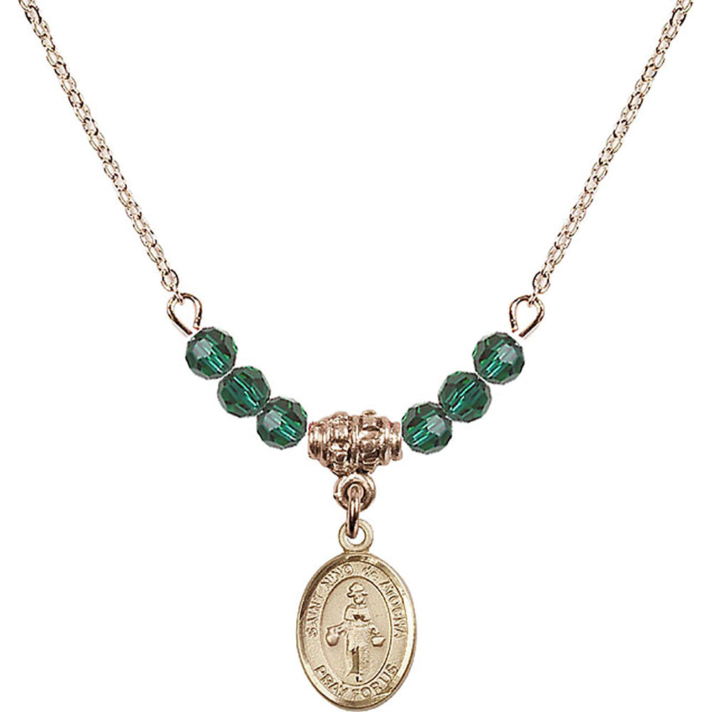 14kt Gold Filled Saint Nino de Atocha Birthstone Necklace with Emerald Beads - 9214