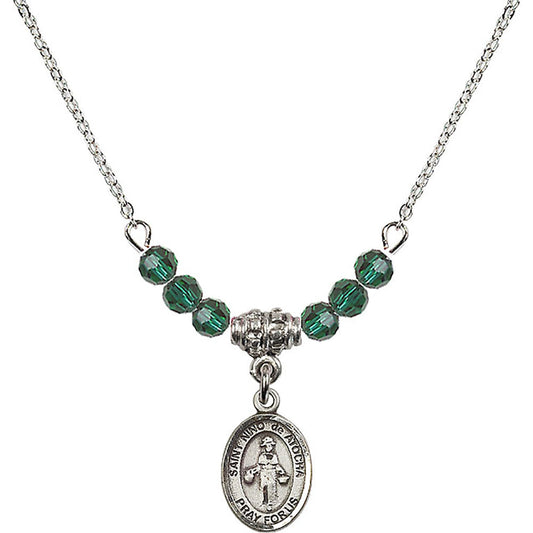 Sterling Silver Saint Nino de Atocha Birthstone Necklace with Emerald Beads - 9214
