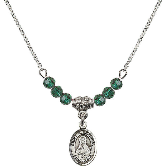 Sterling Silver Saint Alexandra Birthstone Necklace with Emerald Beads - 9215