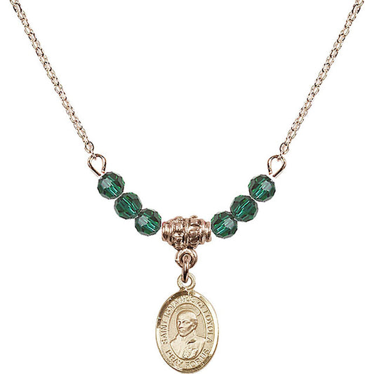 14kt Gold Filled Saint Ignatius of Loyola Birthstone Necklace with Emerald Beads - 9217
