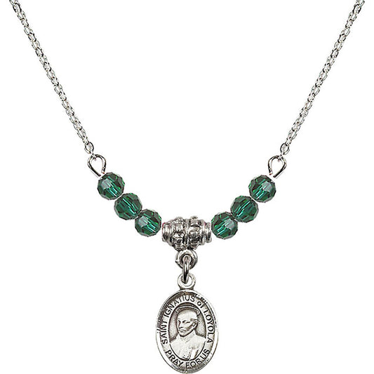 Sterling Silver Saint Ignatius of Loyola Birthstone Necklace with Emerald Beads - 9217
