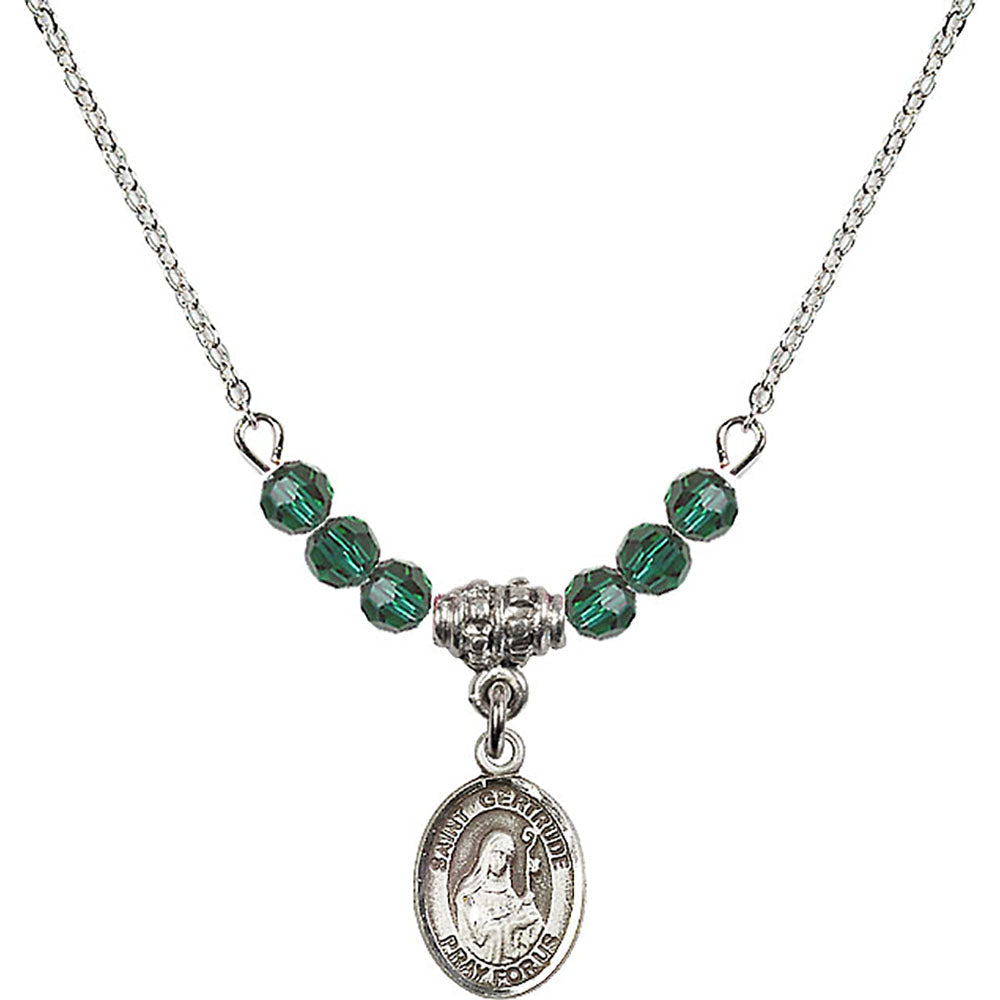 Sterling Silver Saint Gertrude of Nivelles Birthstone Necklace with Emerald Beads - 9219