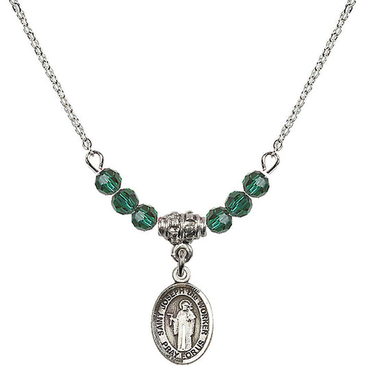 Sterling Silver Saint Joseph the Worker Birthstone Necklace with Emerald Beads - 9220