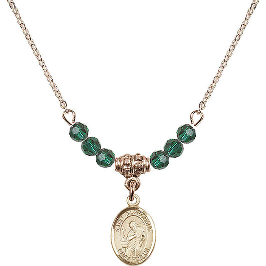14kt Gold Filled Saint Alphonsus Birthstone Necklace with Emerald Beads - 9221