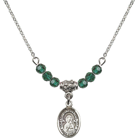 Sterling Silver Our Lady of Perpetual Help Birthstone Necklace with Emerald Beads - 9222