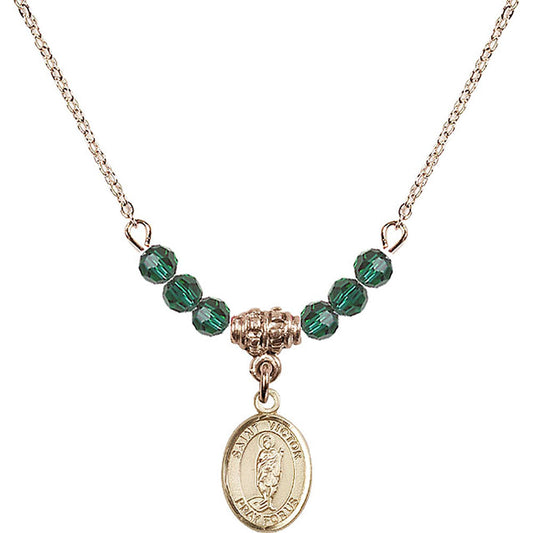 14kt Gold Filled Saint Victor of Marseilles Birthstone Necklace with Emerald Beads - 9223