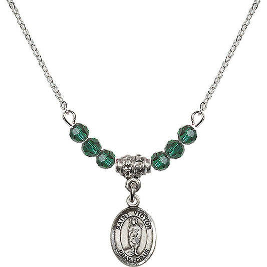 Sterling Silver Saint Victor of Marseilles Birthstone Necklace with Emerald Beads - 9223