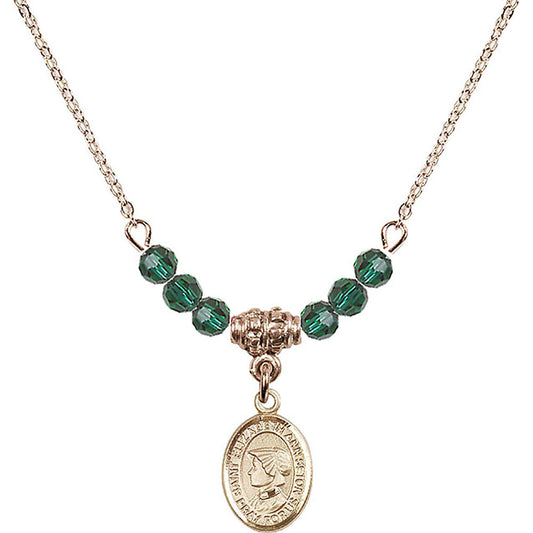 14kt Gold Filled Saint Elizabeth Ann Seton Birthstone Necklace with Emerald Beads - 9224