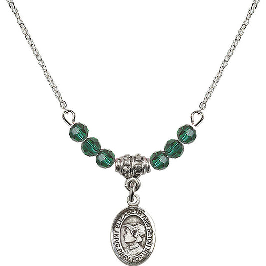 Sterling Silver Saint Elizabeth Ann Seton Birthstone Necklace with Emerald Beads - 9224