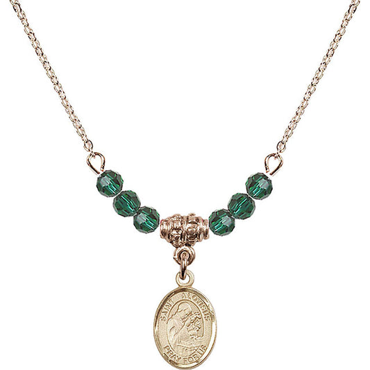 14kt Gold Filled Saint Aloysius Gonzaga Birthstone Necklace with Emerald Beads - 9225