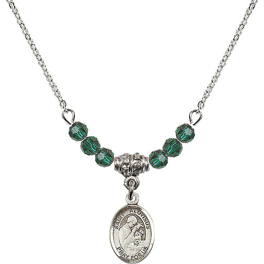 Sterling Silver Saint Aloysius Gonzaga Birthstone Necklace with Emerald Beads - 9225