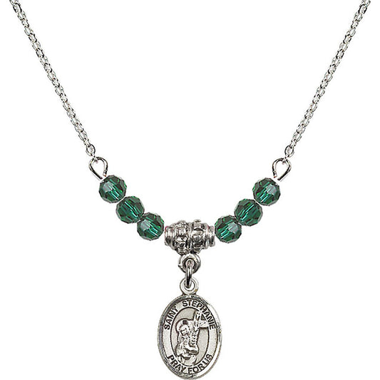 Sterling Silver Saint Stephanie Birthstone Necklace with Emerald Beads - 9228