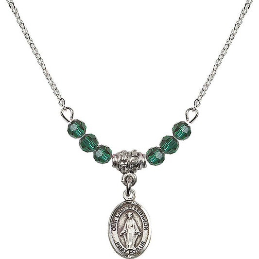 Sterling Silver Our Lady of Lebanon Birthstone Necklace with Emerald Beads - 9229