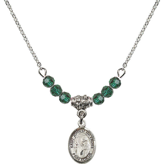 Sterling Silver Saint John of the Cross Birthstone Necklace with Emerald Beads - 9231