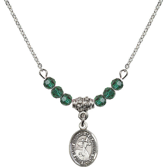 Sterling Silver Saint Bernard of Clairvaux Birthstone Necklace with Emerald Beads - 9233