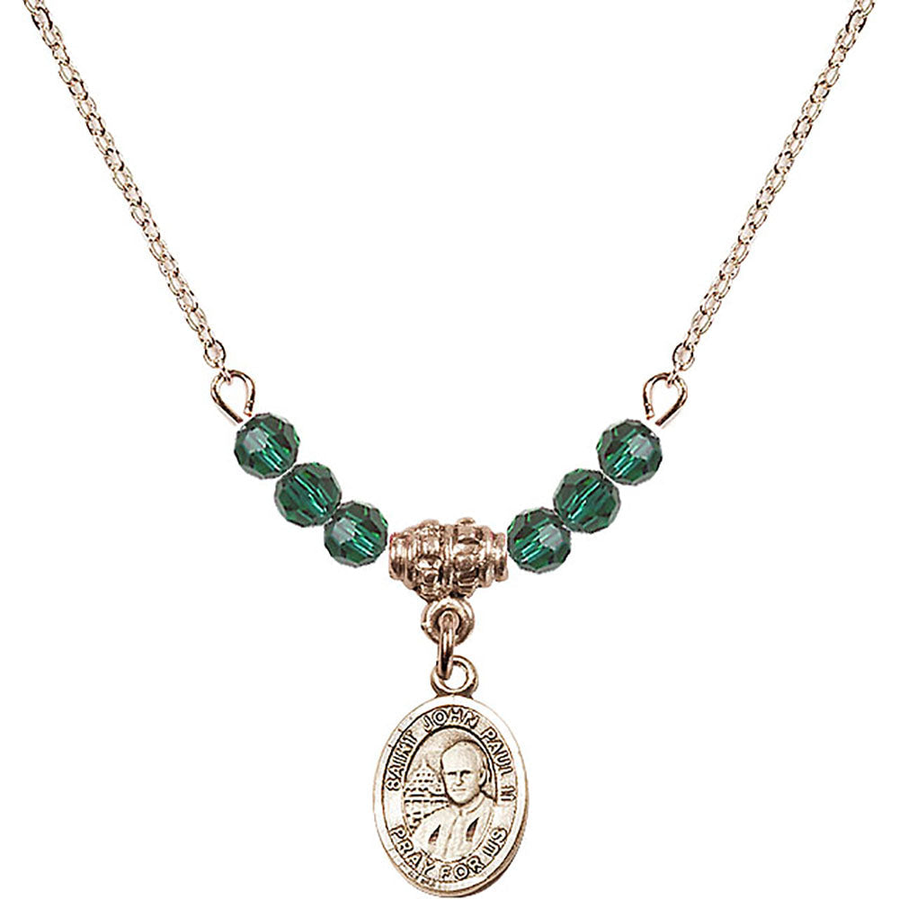 14kt Gold Filled Saint John Paul II Birthstone Necklace with Emerald Beads - 9234