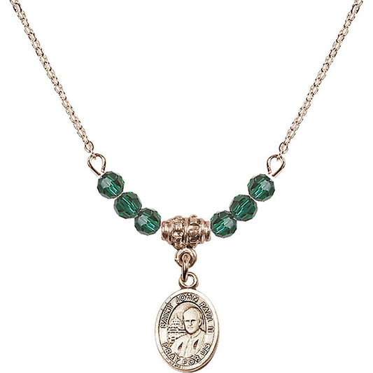 14kt Gold Filled Saint John Paul II Birthstone Necklace with Emerald Beads - 9234