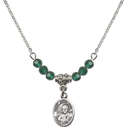 Sterling Silver Saint John Paul II Birthstone Necklace with Emerald Beads - 9234