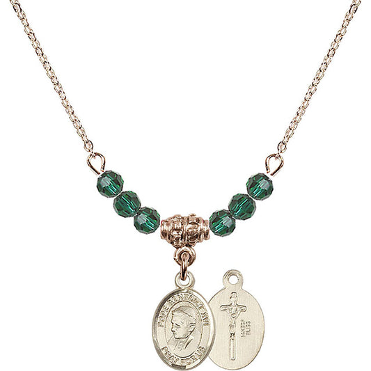14kt Gold Filled Pope Emeritace Benedict XVI Birthstone Necklace with Emerald Beads - 9235