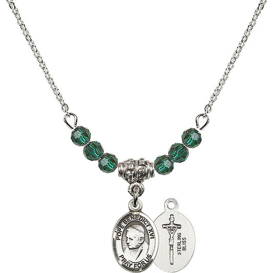 Sterling Silver Pope Emeritace Benedict XVI Birthstone Necklace with Emerald Beads - 9235