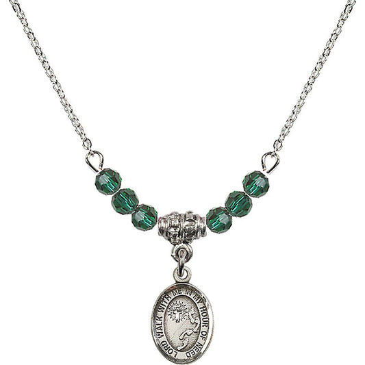 Sterling Silver Footprints / Cross Birthstone Necklace with Emerald Beads - 9237