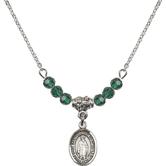 Sterling Silver Saint Bartholomew the Apostle Birthstone Necklace with Emerald Beads - 9238