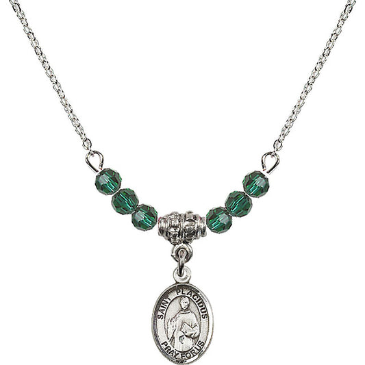 Sterling Silver Saint Placidus Birthstone Necklace with Emerald Beads - 9240
