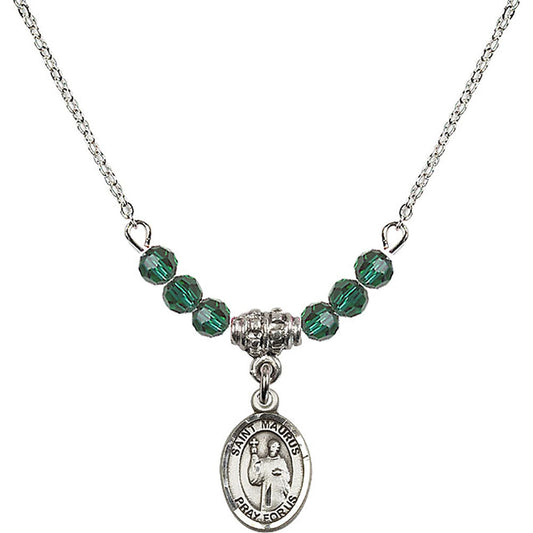 Sterling Silver Saint Maurus Birthstone Necklace with Emerald Beads - 9241