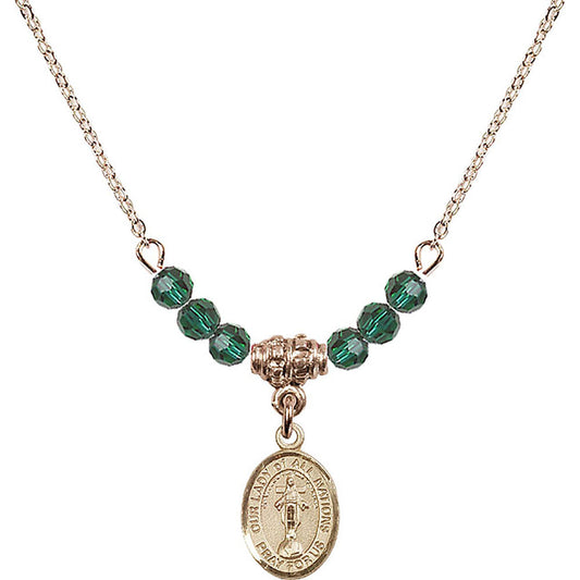 14kt Gold Filled Our Lady of All Nations Birthstone Necklace with Emerald Beads - 9242