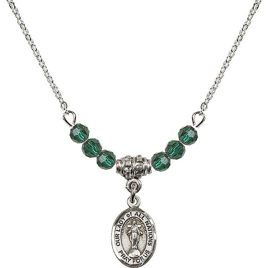 Sterling Silver Our Lady of All Nations Birthstone Necklace with Emerald Beads - 9242