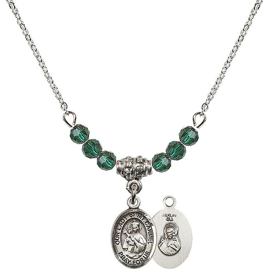 Sterling Silver Our Lady of Mount Carmel Birthstone Necklace with Emerald Beads - 9243