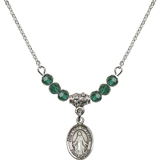 Sterling Silver Our Lady of Peace Birthstone Necklace with Emerald Beads - 9245