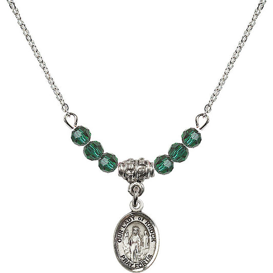 Sterling Silver Our Lady of Knock Birthstone Necklace with Emerald Beads - 9246