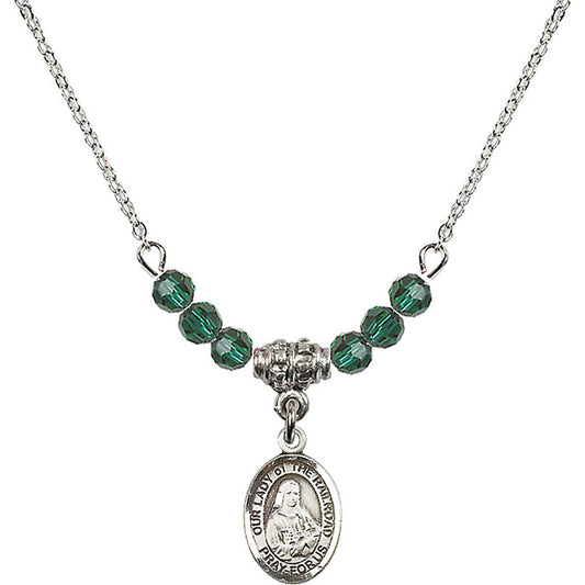Sterling Silver Our Lady of the Railroad Birthstone Necklace with Emerald Beads - 9247