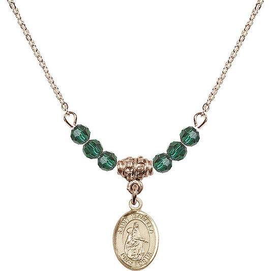 14kt Gold Filled Saint Isabella of Portugal Birthstone Necklace with Emerald Beads - 9250
