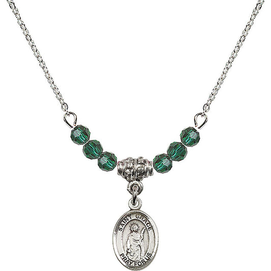 Sterling Silver Saint Grace Birthstone Necklace with Emerald Beads - 9255