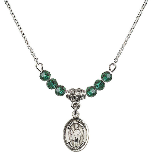 Sterling Silver Saint Austin Birthstone Necklace with Emerald Beads - 9256