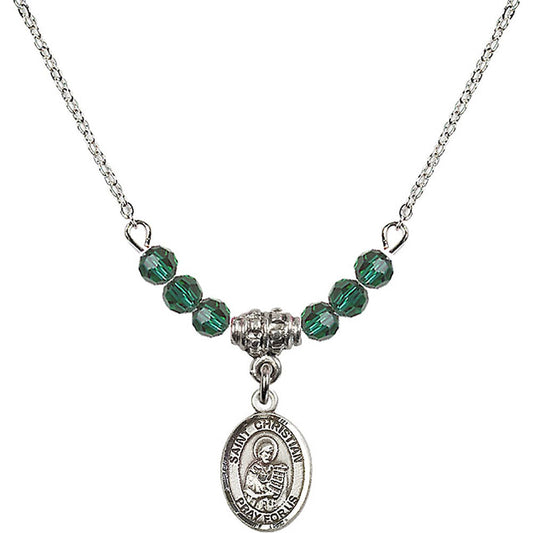 Sterling Silver Saint Christian Demosthenes Birthstone Necklace with Emerald Beads - 9257