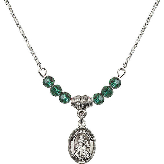 Sterling Silver Saint Isaiah Birthstone Necklace with Emerald Beads - 9258
