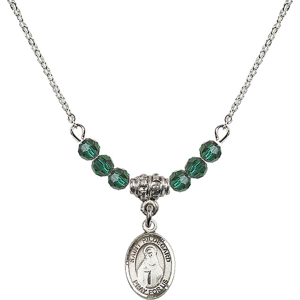Sterling Silver Saint Hildegard von Bingen Birthstone Necklace with Emerald Beads - 9260