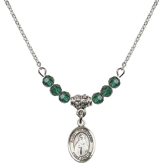 Sterling Silver Saint Hildegard von Bingen Birthstone Necklace with Emerald Beads - 9260