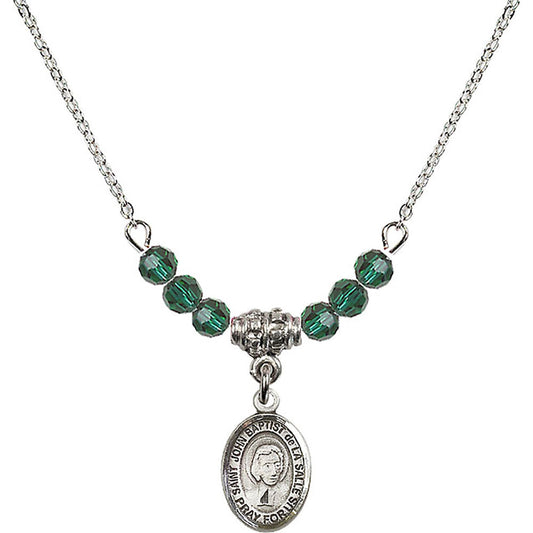 Sterling Silver Saint John Baptist de la Salle Birthstone Necklace with Emerald Beads - 9262