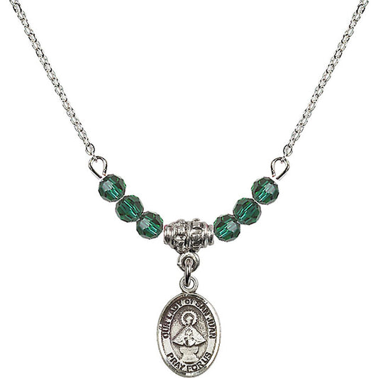 Sterling Silver Our Lady of San Juan Birthstone Necklace with Emerald Beads - 9263