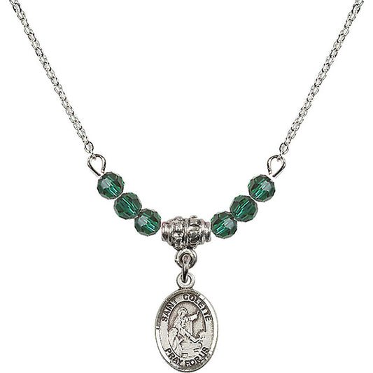 Sterling Silver Saint Colette Birthstone Necklace with Emerald Beads - 9268
