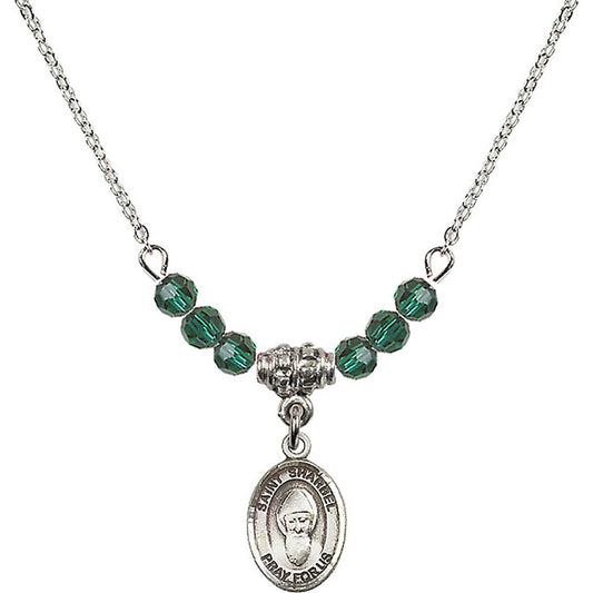 Sterling Silver Saint Sharbel Birthstone Necklace with Emerald Beads - 9271