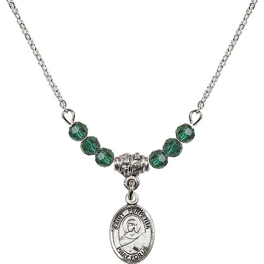 Sterling Silver Saint Perpetua Birthstone Necklace with Emerald Beads - 9272