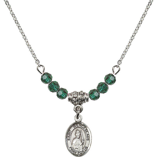 Sterling Silver Saint Wenceslaus Birthstone Necklace with Emerald Beads - 9273