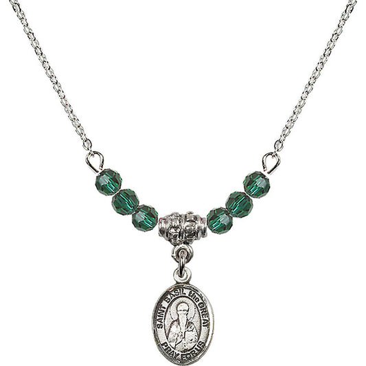 Sterling Silver Saint Basil the Great Birthstone Necklace with Emerald Beads - 9275
