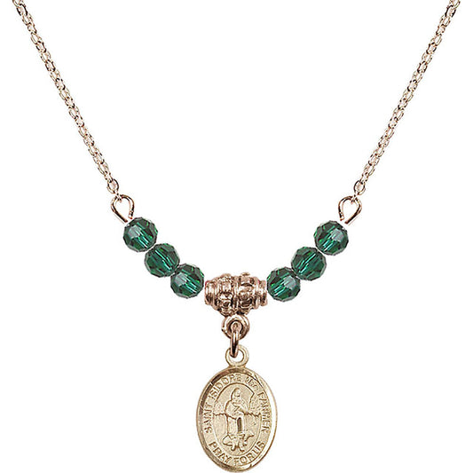 14kt Gold Filled Saint Isidore the Farmer Birthstone Necklace with Emerald Beads - 9276